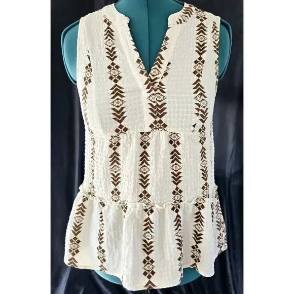 Sterling & Stitch Womens Western Geometric White Brown Ruffle Tank Top Sz Small - Picture 1 of 6